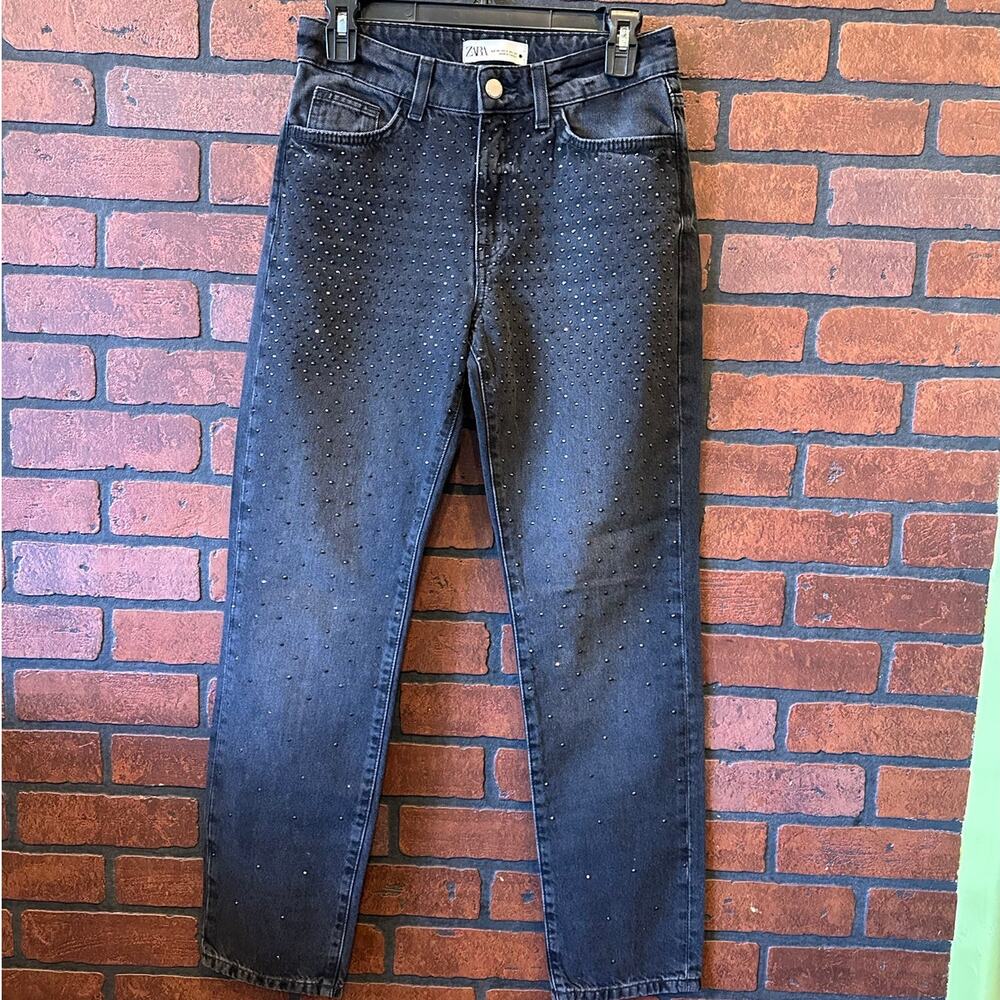 ZARA MID-WAIST ZW THE SLIM JEANS WITH RHINESTONES PANT BLACK 6045/040 Size 2